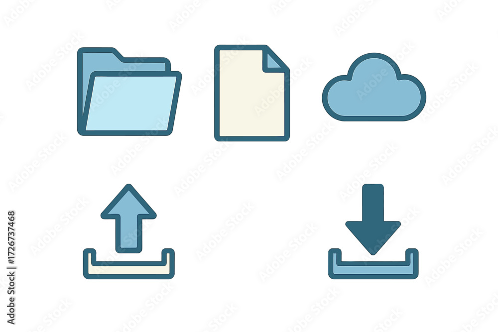 Poster modern digital data storage, cloud computing, and file transfer interface symbols and icons for web 