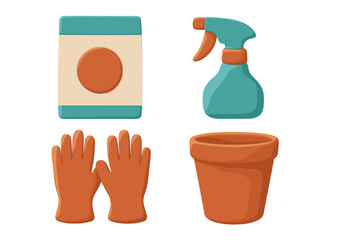 Essential gardening tools and supplies including gloves, spray bottle, plant pot, and soil bag for home garden care