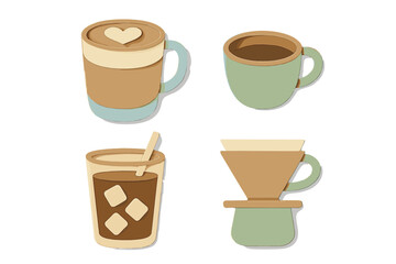 Collection of various coffee beverages and brewing tools presented in a delightful paper cut craft style on white background