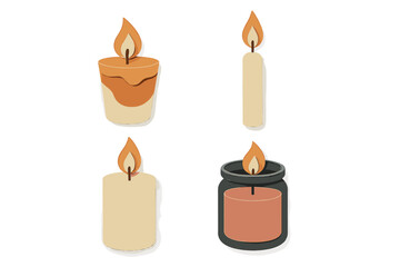 Set of stylized burning candles in various shapes and forms, featuring a charming paper cut effect and warm glowing flames for ambiance