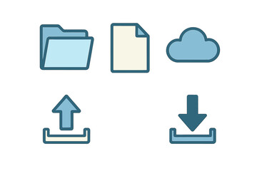 Modern digital data storage, cloud computing, and file transfer interface symbols and icons for web and mobile design projects