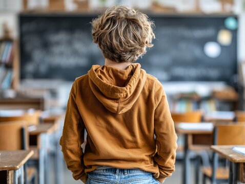 Rear view of a young boy with curly hair and a brown hoodie standing alone in an empty classroom, facing the large, blurred black chalkboard.