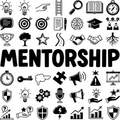 Comprehensive Mentorship Icon Set Featuring Guidance, Learning, Strategy, and Success Elements for Business and Education