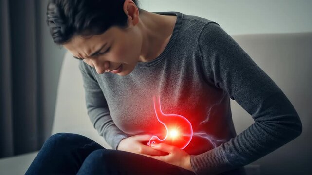 Woman suffering from severe stomach pain, depicted with glowing red stomach and electric jolts for medical illustration footage.