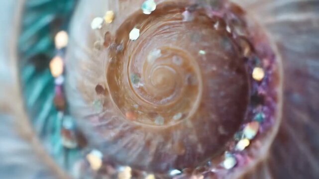 A cinematic macro shot of a swirling seashell, its soft spiral lines glowing like ocean poetry frozen in time.