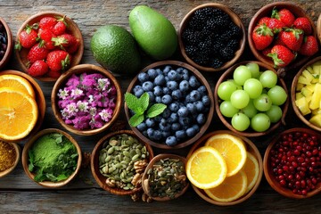 Assortment Of Colorful Fruits And Vegetables In Small Bowls On Wooden Surface