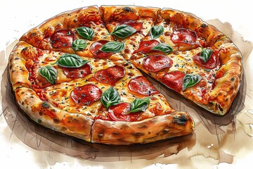 Dessin de pizza, basilic, tomate, mozzarella, recette italienne, fa&ccedil;on aquarelle, crayon.