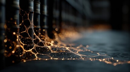Abstract artistic depiction of a network-like structure and dark bottles with bokeh lighting