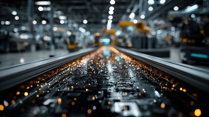 Industrial factory production line with blurred background and focus on the foreground detail