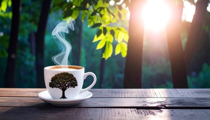A steaming white cup with a tree design sits on a wood table, forest backdrop