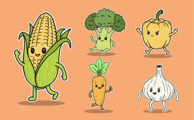 Set of Cute Cartoon Vegetable Characters with Faces and Legs