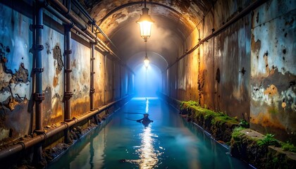 Waterway Tunnel with Glowing Lights and Atmospheric Perspective