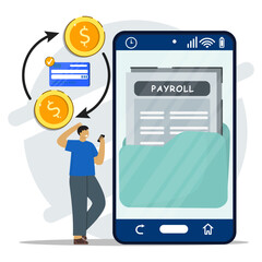 A businessman uses a smartphone to view payroll management on a large screen with a happy face seeing online transactions.