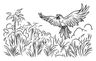 Vibrant macaw parrot hovering over lush jungle foliage – exotic rainforest bird line‑art illustration