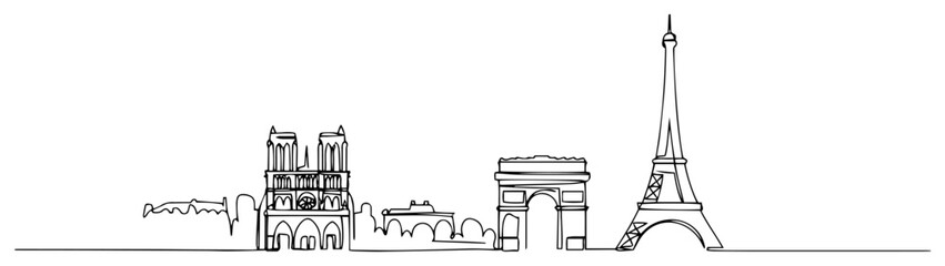 Paris skyline one‑line art showing Notre‑Dame, Arc de Triomphe & Eiffel Tower – elegant minimalist landmark vector