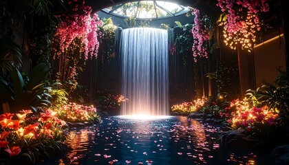 Naklejka premium Waterfall Scene with Blooming Flowers and Lush Greenery