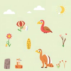 Cartoon dinosaurs a fox a flower clouds and a crescent sun against a pale green background