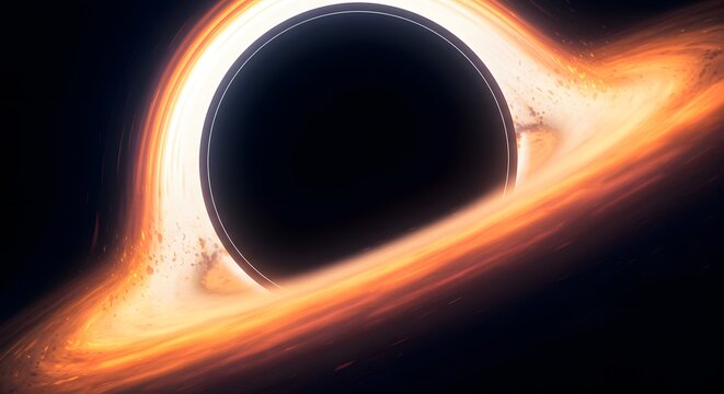 Stunning black hole visualization with swirling orange light and gravitational lensing effect for cosmic science projects or conceptual space exploration