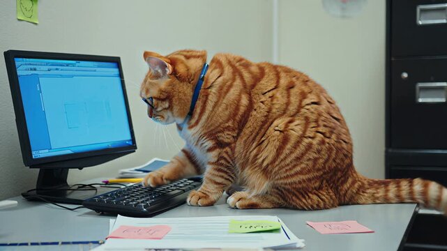 Workplace Humor Illustrations of a cat using a calculator and computer in an office setting parodying financial or accounting work