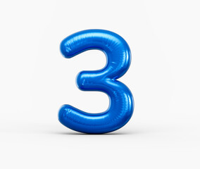 Vibrant blue metallic foil balloon in the shape of the number 3 on white. 3d illustration