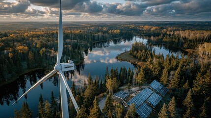 Aerial view of a wind turbine and solar panels generating renewable energy in nature