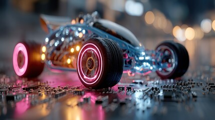 Futuristic glowing car concept art on a circuit board representing technology