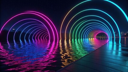 Neon ripple reflections shine over calm water at night creating a vibrant light display in the city