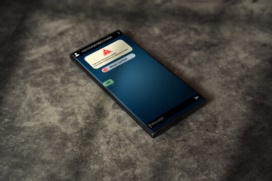 Text message scammer concept. Phone receives suspicious message. Fraud and phishing smartphone. Message from stranger.