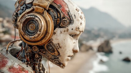 Portrait of a futuristic robot with a thoughtful expression overlooking a coastal landscape