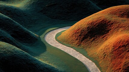 Scenic aerial view of a winding pathway through rolling grassy hills and landscape scenery
