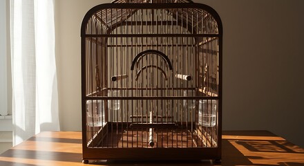 Empty Wooden Birdcage - Vintage Design, Sunlight, and Shadow Play on Table.