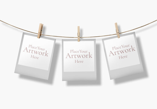 Polaroid Photo Frames Hanging on String Mockup