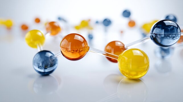 Vibrant molecular spheres in orange yellow and blue with glowing connectors on soft gradient background for scientific, technological, or chemical research themes - Powered by Adobe