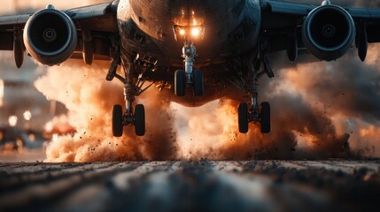 Dramatic Low Angle View of a Plane Landing on a Runway with Powerful Thrusting Effects