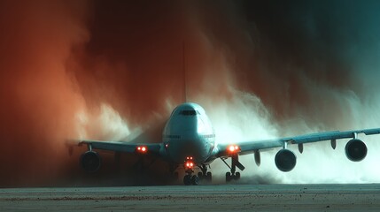Dramatic Airplane Takeoff or Landing with Intense Dust and Atmospheric Effects