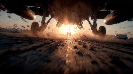 Dramatic low angle view of an airplane landing with sunburst and dust effects
