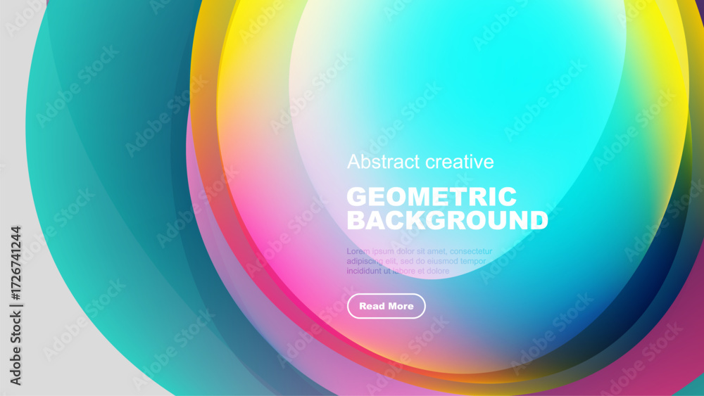 Poster vibrant overlapping circles create abstract geometric background. text box present, button included.
