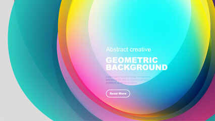 Vibrant overlapping circles create abstract geometric background. Text box present, button included. Modern design elements visible.