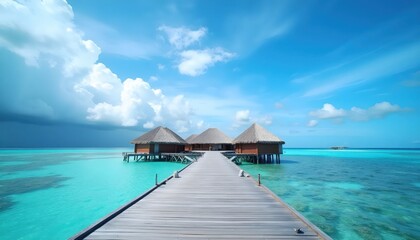 Fototapeta premium Wooden Pathway Reaching Cozy Oceanfront Huts In Tropical Paradise