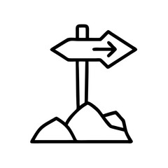 Directional signpost pointing right on rocky terrain for camping  