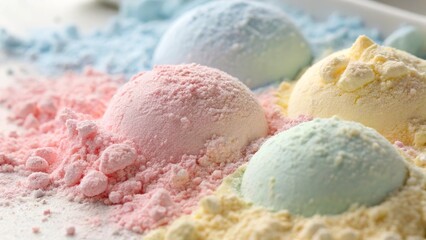 Colorful pastel powder mounds in different shades arranged on a flat surface