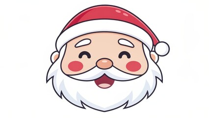 Cute cartoon Santa Claus face with red hat and white beard, joyful Christmas character icon, perfect for holiday greeting cards, festive stickers, kids books, seasonal branding, winter marketing