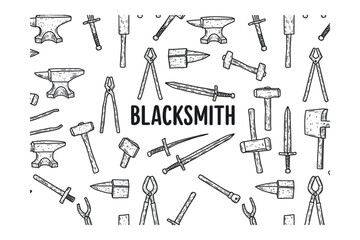 Blacksmith tools and equipment workshop artistic top-down view craftsmanship and metalworking. Vector illustration