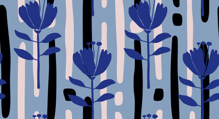 Floral Blooms and Abstract Lines Composition Pattern