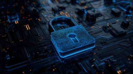 digital padlock icon on a blue digital circuit board background, representing the concept of data security protection and cyber security technology.