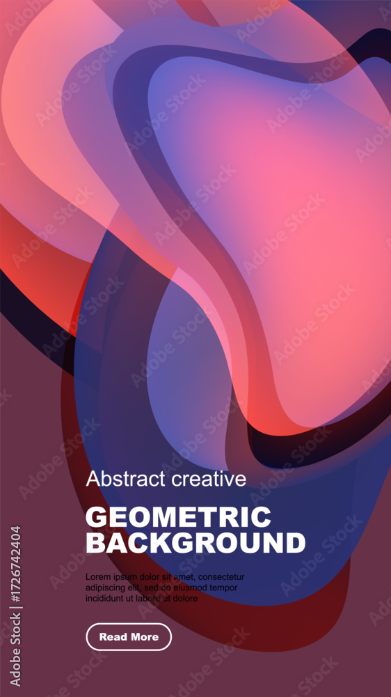Poster abstract shapes overlap, creating vibrant color gradients. dark background emphasizes flowing forms,