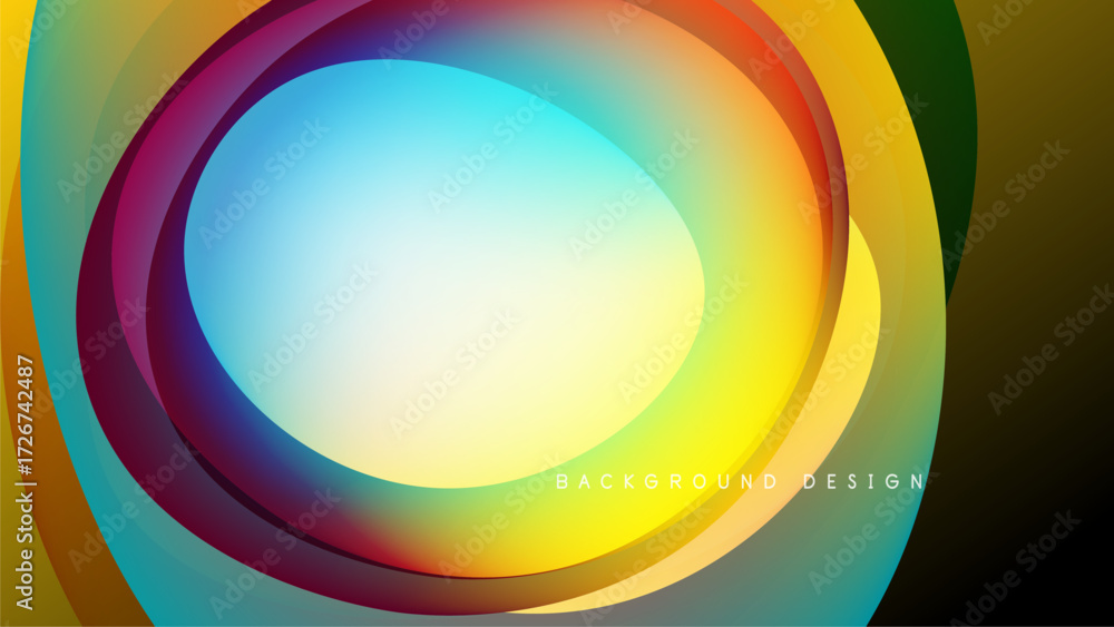 Poster abstract colorful layers create circular design. vibrant hues blend, forming dynamic visual effect a