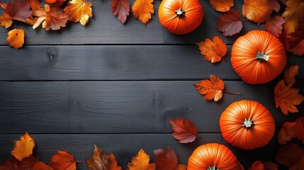 Rustic dark gray wooden background with autumn theme, pumpkins and fall leaves, central blank space for product display or text, ideal for seasonal wedding or promotional design
