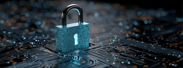 digital padlock icon on a blue digital circuit board background, representing the concept of data security protection and cyber security technology.
