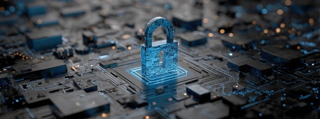 digital padlock icon on a blue digital circuit board background, representing the concept of data security protection and cyber security technology.